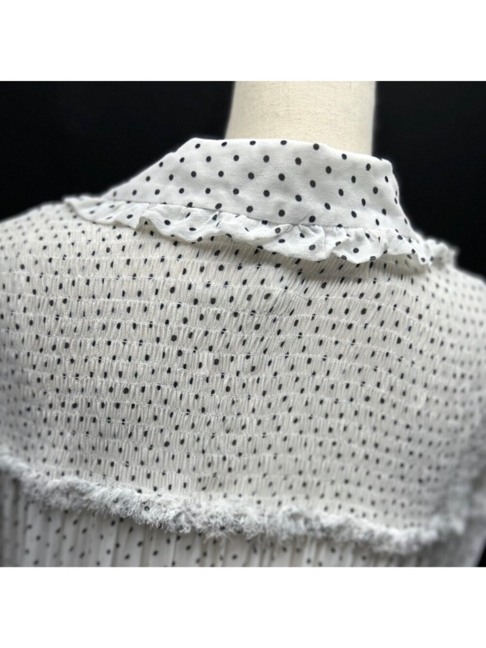 ANTHROPOLOGIE Long Sleeve Smocked Tiered Maxi Dress L White/Black Polka Dot - Picture 10 of 16